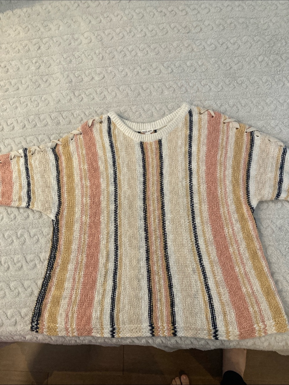 Tribal Striped Crew Neck Sweater in Cream, Pink & Mustard